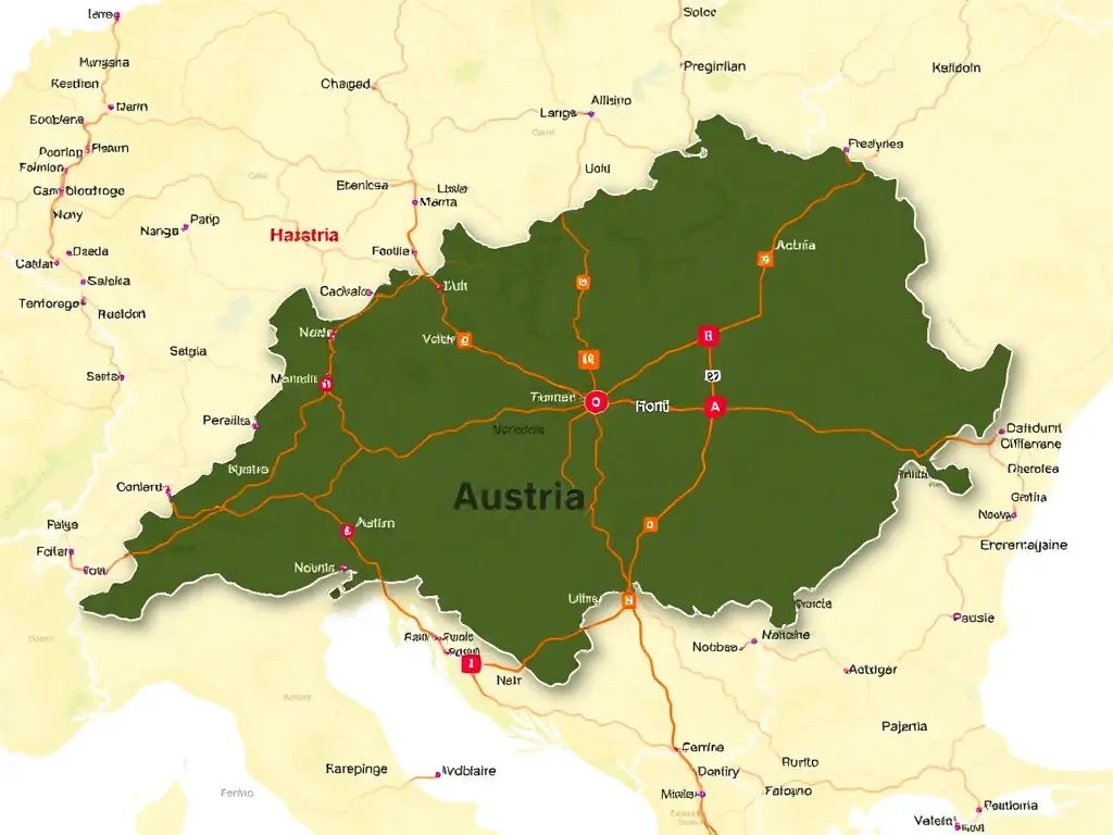 An image showcasing a map of Austria with highlighted road routes, overlaid with a digital representation of the Austria E-Vignette, emphasizing the ease of travel within Austria using the national package.