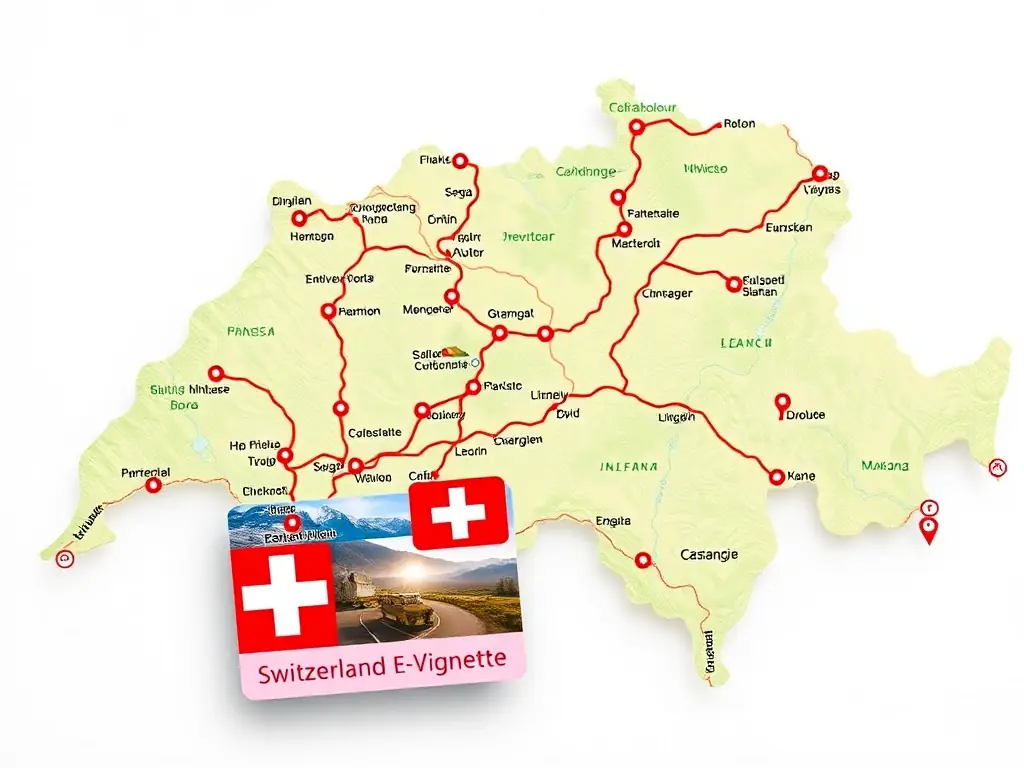An image featuring a map of Switzerland with scenic routes marked, accompanied by a digital representation of the Switzerland E-Vignette, highlighting the convenience of the national package for Swiss travel.