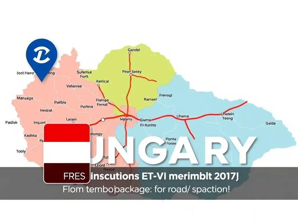 An image displaying a map of Hungary with key cities and highways highlighted, along with a digital representation of the Hungary E-Vignette, showcasing the benefits of the national package for Hungarian road travel.